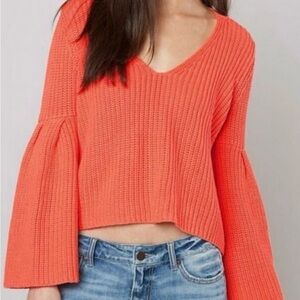 Free People V-Neck Bell Sleeve Cropped Sweater - Coral